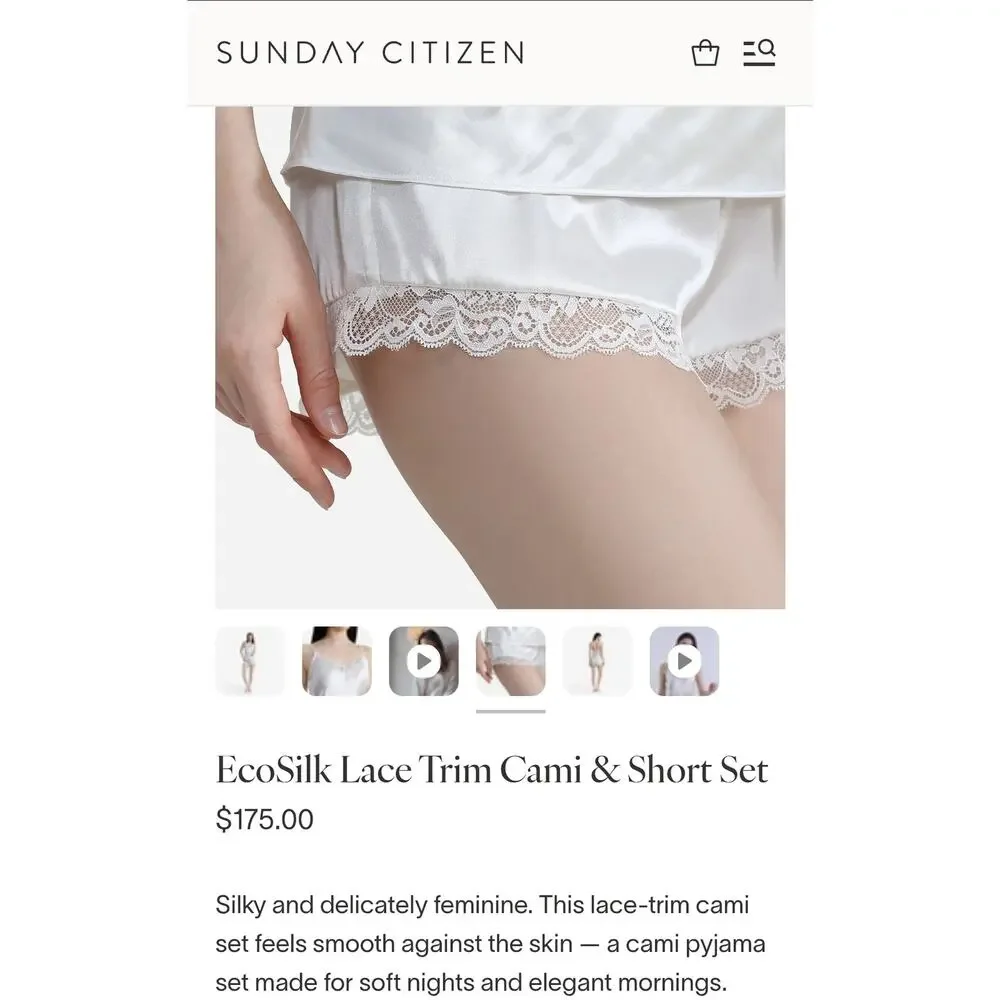 Sunday Citizen EcoSilk Cami Short Set Women's M Silk Lace Luxury Sleepwear